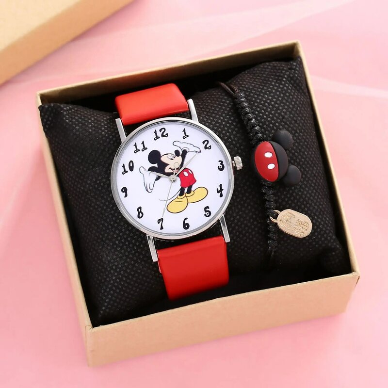 Disney Mickey นาฬิกาเด็กอะนิเมะ Mickey Mouse PU Digital Quartz เด็กเซ็ตนาฬิกานาฬิกา + สร้อยข้อมือกล่องของขวัญ