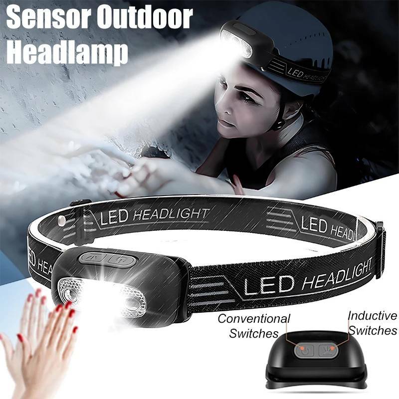 Intelligent Sensing Headlight LED USB Charging Dual Independent Switch Portable Strong Light Runing Outdoor Waterproof Headlamp