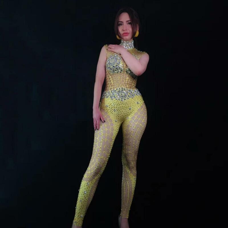 Jumpsuit Kuning Gemerlapan Pakaian Festival Seksi Kostum Tari Wanita Pakaian Pertunjukan Pesta Merayakan Pertunjukan Panggung W2301023
