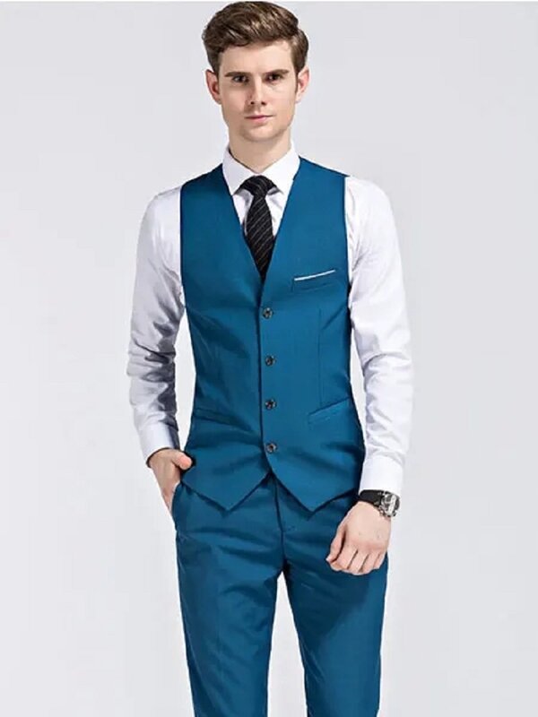 Vestido de novio de alta calidad para hombres, traje de chaleco de noche de boda ajustado, Blazer Formal clásico azul sólido, 3 piezas