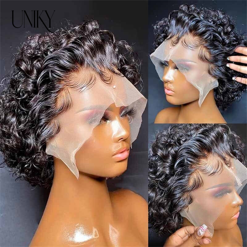 Peruca curta de corte Pixie para mulheres negras, perucas dianteiras, cabelo humano, onda de água, 180%, destino, profundo encaracolado, peruano
