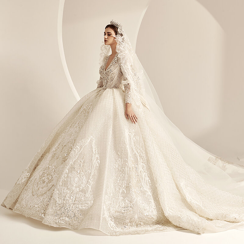 Высококачественное роскошное длинное свадебное платье Slevee Royal Crystal с свадебной вуалью 343