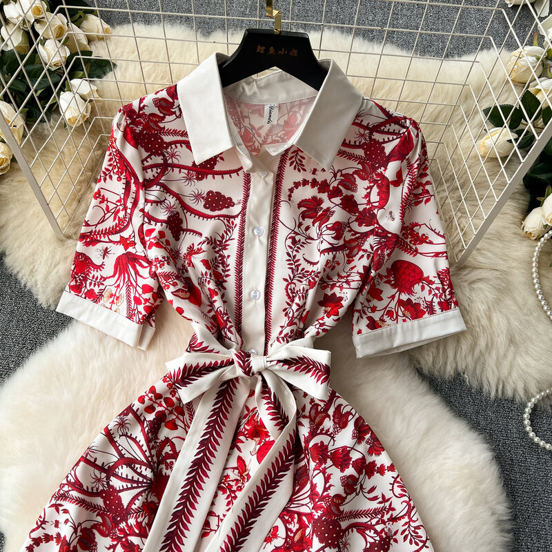 Vestido de vendaje estampado de manga larga con solapa para mujer, elegante vestido Vintage francés, moda de primavera y verano