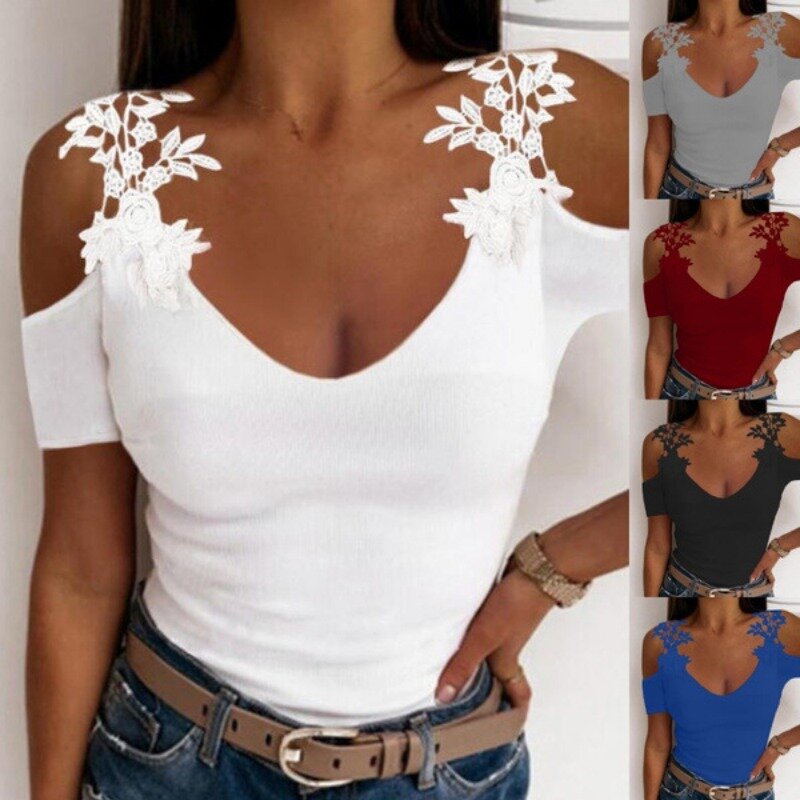 Nowa letnia seksowna jednokolorowa koszulki bokserki koszulka modna z koronką z krótkimi rękawami damska odzież z dekoltem w szpic na imprezę