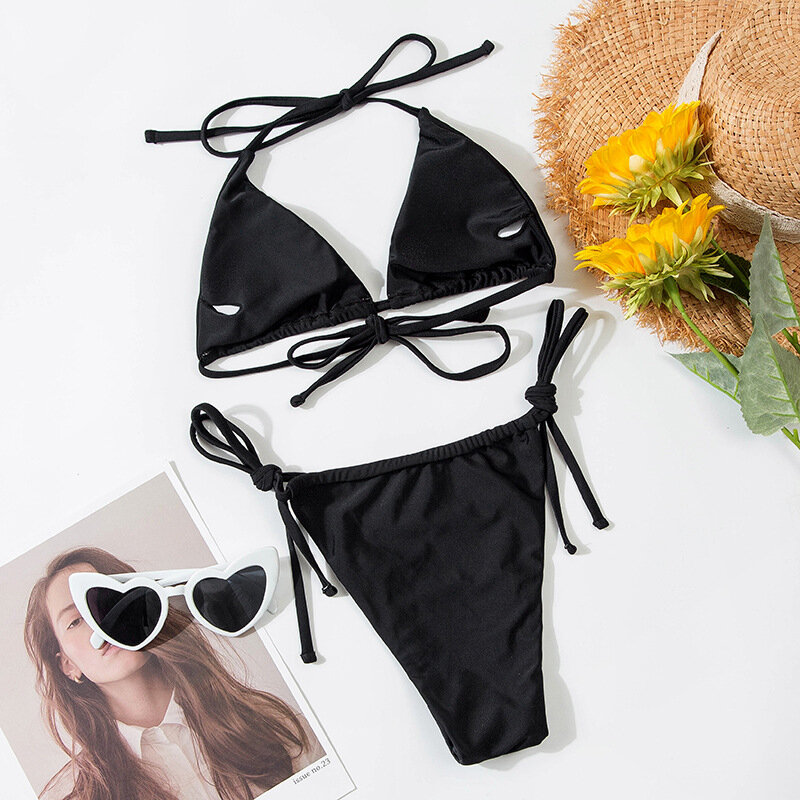 Microbikini con relleno triangular para mujer, traje de baño brasileño de dos piezas con Tanga, color negro, ropa de playa para verano, 2024