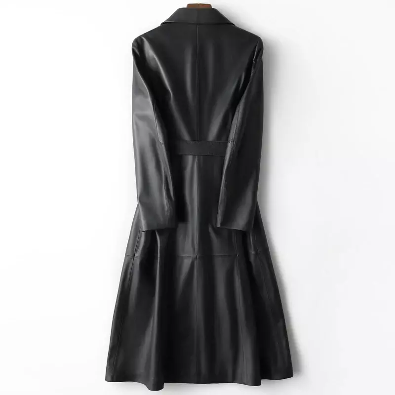 Tcyeek-Chaqueta de piel de oveja auténtica para mujer, abrigo con cinturón, ropa de mujer, chaquetas largas, gabardina negra, casacas femeninas