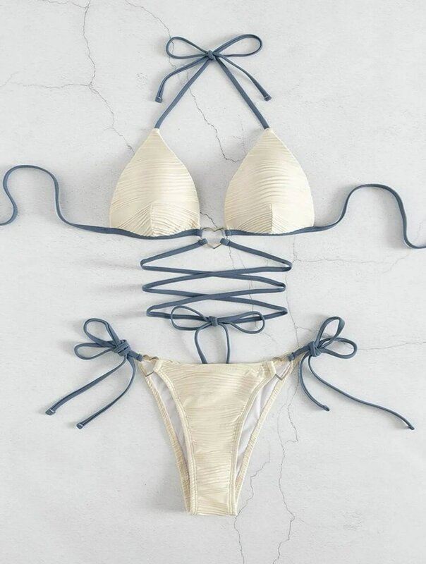 Conjunto de Bikini con cuello Halter para mujer, Bikini Bandage liso con Espalda descubierta, ropa de playa triangular, tendencia de verano, 2024