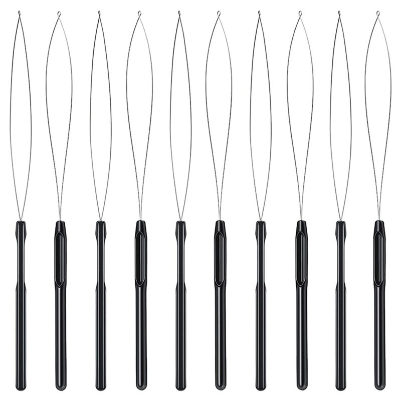 10Pcs Hair Extension Loop Threader Hook Tool and Bead Tool Black Loop Threader for Hair Extension or Feather Extender