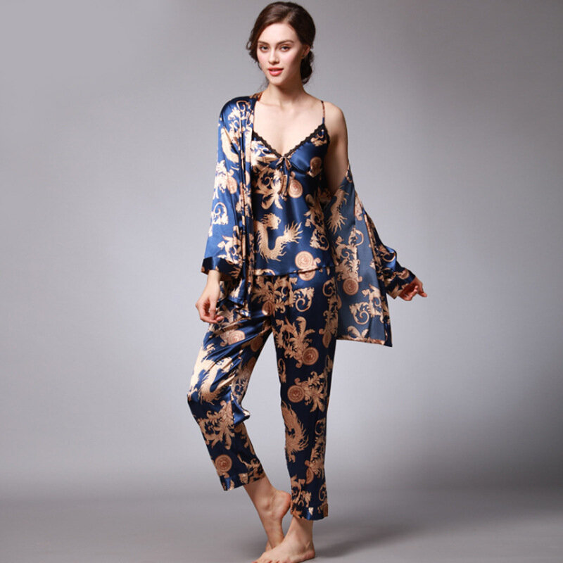Women's Silk Satin Pajamas Set 3 Pcs Floral Silky Pj Sets Sleepwear Cami Nightwear with Robe and Pant