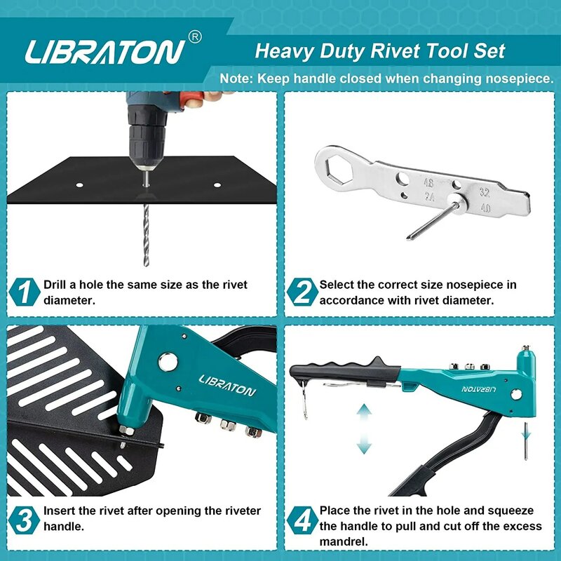 Libraton-Heavy Duty Rivet Gun, Pop Rivet Gun Set, Rebitador de mão profissional, Ferramenta de rebitagem manual para madeira metálica e plástico