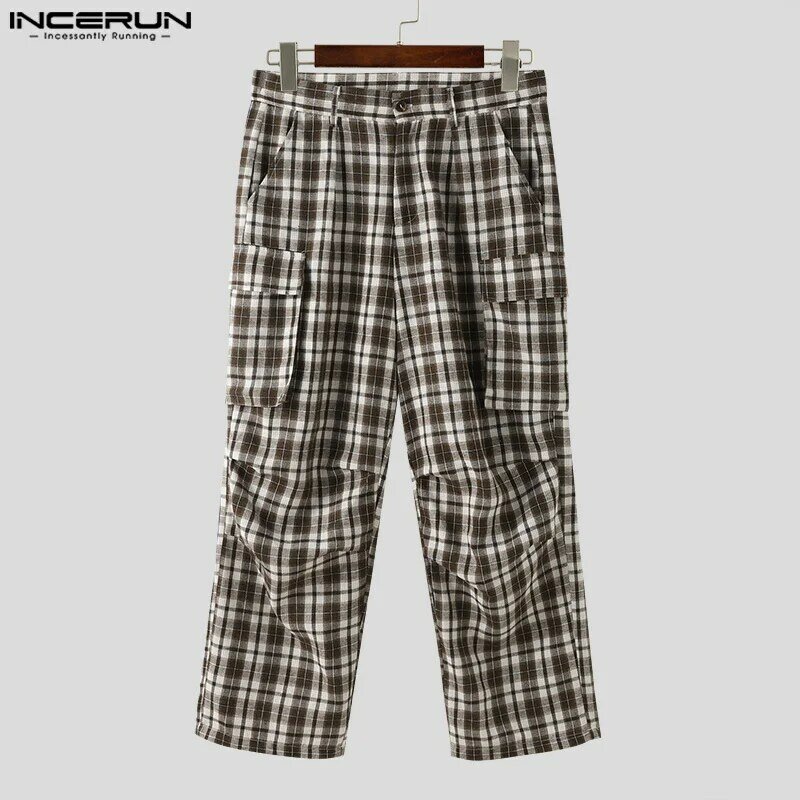 INCERUN 2024 Men Plaid Pants Button Joggers Pleated Pockets Casual Straight Trousers Men Loose Streetwear Retro Pantalon S-5XL
