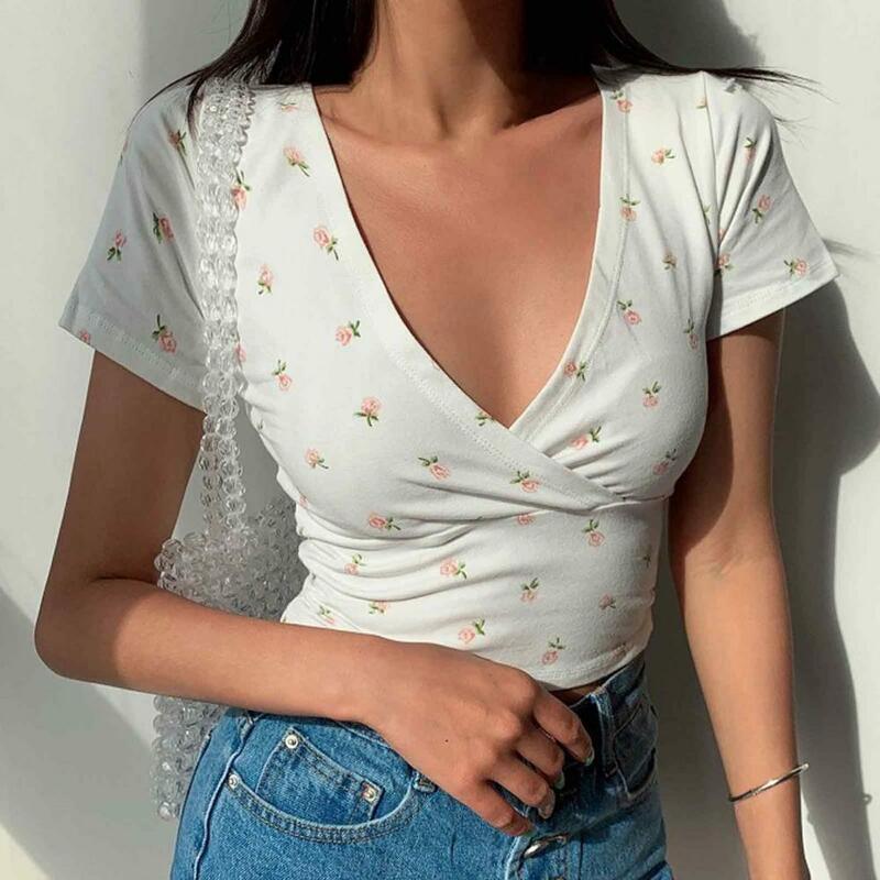 Women Pullover Top Retro Slim Fit V Neck Short Sleeve Women's Summer Top with Small Flower Print Soft Breathable for Lady