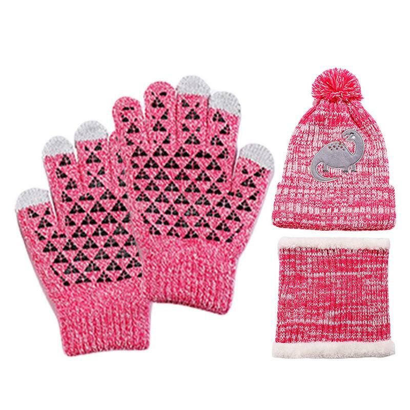 Topi musim dingin leher sarung tangan hangat, Set topi Beanie motif dinosaurus lucu, sarung tangan syal leher hadiah musim dingin untuk anak laki-laki perempuan 2-8