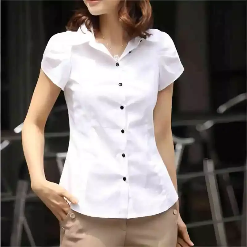 女性用半袖シャツ,仕事用ブラウス,黒と白のブラウス,ワークウェア,夏,ol,2022
