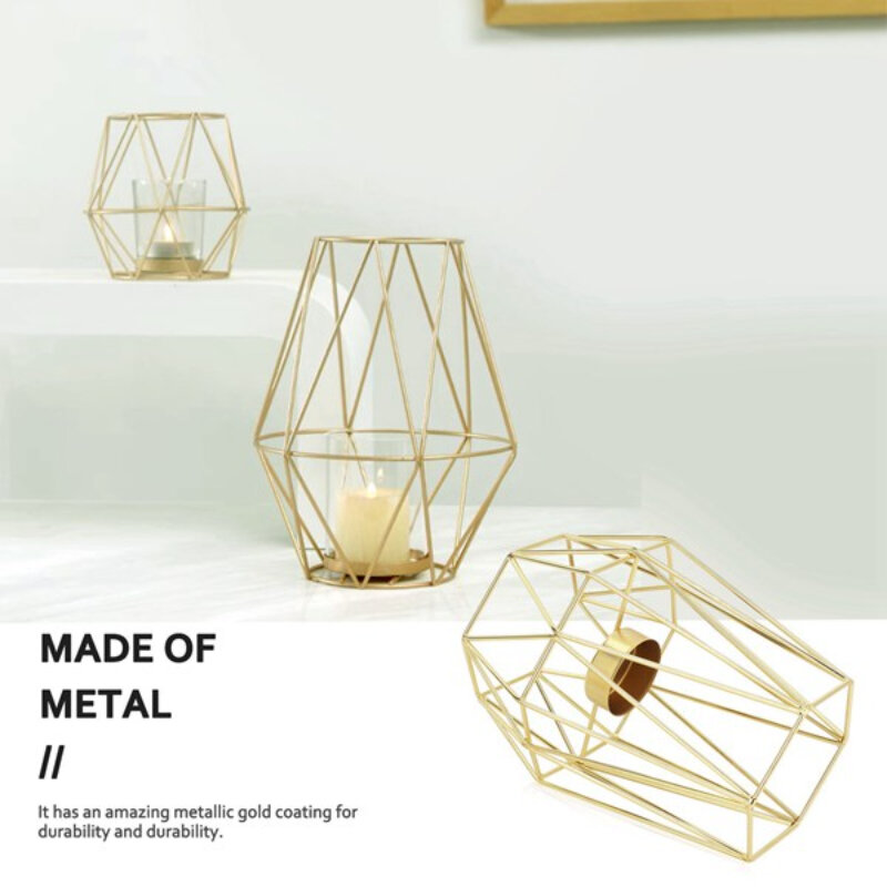 Set of 2 Gold Geometric Metal Tealight Candle Holders for Living Room & Bathroom Decorations - Centerpieces for Wedding & Dining