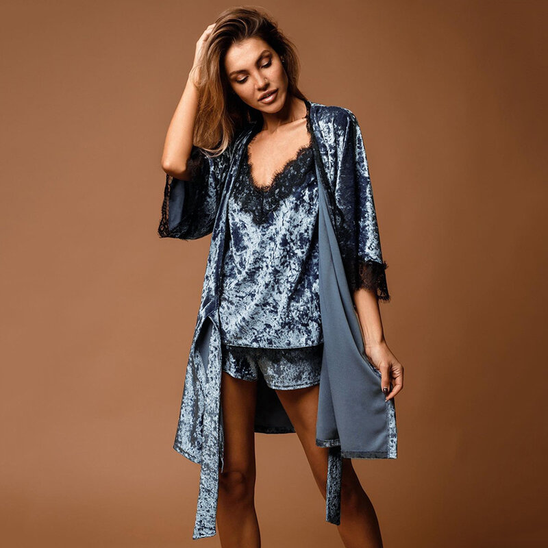 Hiloc Velvet Nightgown Knitting Robes Women Set Woman 3 Pieces Sleepwear Lace Patchwork Robe Home Pajama Sets Nightwear Bathrobe