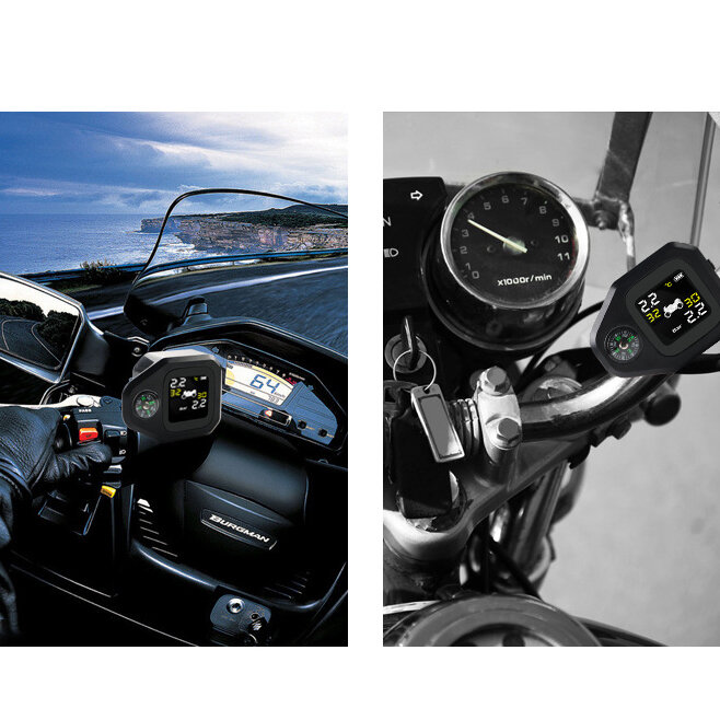 방수 오토바이 실시간 타이어 압력 모니터링 시스템, TPMS 무선 LCD 디스플레이 외부 센서, 나침반 포함