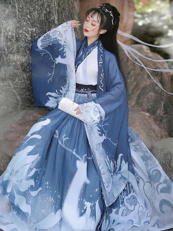 Hanfu asli 3 buah kostum Cina kuno pakaian wanita kostum tarian Hanfu tradisional gaun peri rakyat untuk wisuda