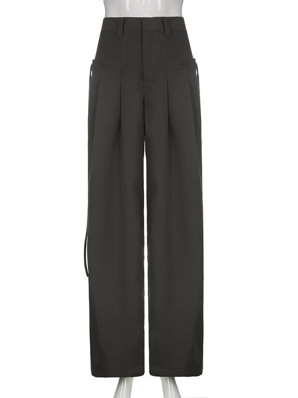 HEYounGIRL-Pantalones informales de pierna ancha para mujer, pantalón holgado básico de cintura alta, estilo coreano, Retro, gris, para oficina