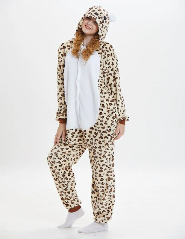 Animal Cartoon Onesies para adulto, uma peça pijama, macacão, pijamas, camisola, macacão de flanela, Homewear, urso leopardo