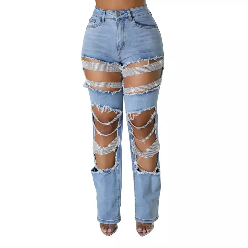 Jeans rasgado de perna larga para mulheres, pérola, oco fora, borla, calças jeans de rua, INS, novo, verão, 2022
