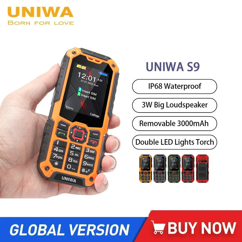 UNIWA S9 ponsel fitur 4G, 2.4 inci IP68 tahan air tombol SOS 3W Loudspeaker besar lampu LED baterai 3000mAh ponsel kasar