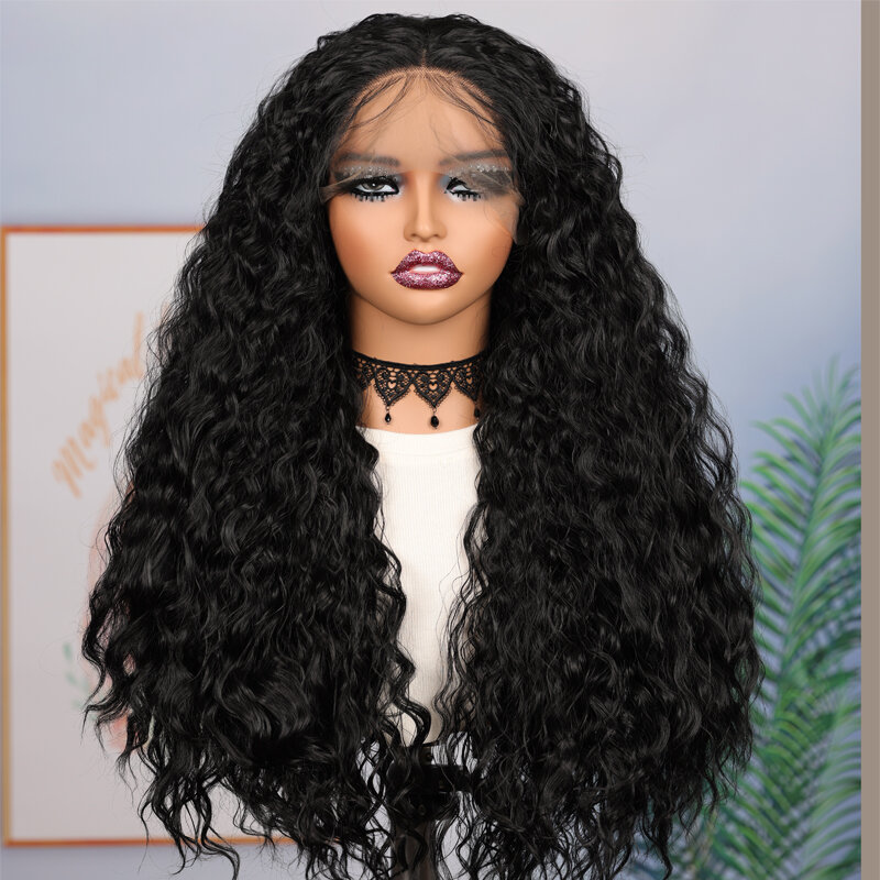 Wig renda depan keriting panjang 26 inci tanpa lem lembut ketebalan 180 untuk rambut palsu hitam wanita BabyHair Wig harian tahan panas