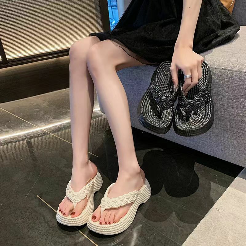 Sandal wedge Flip-Flop wanita, Kasut sol tebal Non Slip luar ruangan, pantai luar ruangan musim panas untuk perempuan