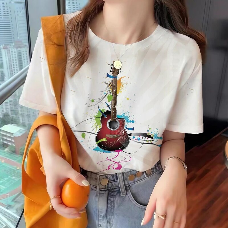 Camiseta informal 3D para mujer, Top Y2k, Camiseta holgada de manga corta con cuello redondo, estampado de guitarra, camisetas de calle a la moda para niñas