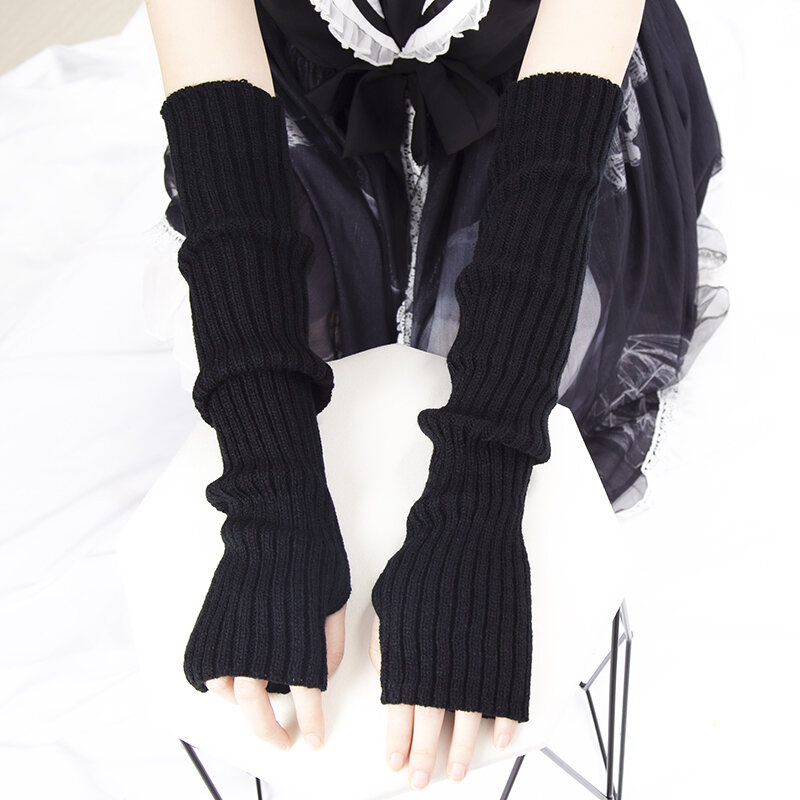 ผู้หญิงยาวถุงมือครึ่งนิ้วหญิงถุงมือ Lolita Kawaii ถุงมือฤดูหนาวอุ่นแขนถักผู้หญิง Punk Gothic ถุงมือ