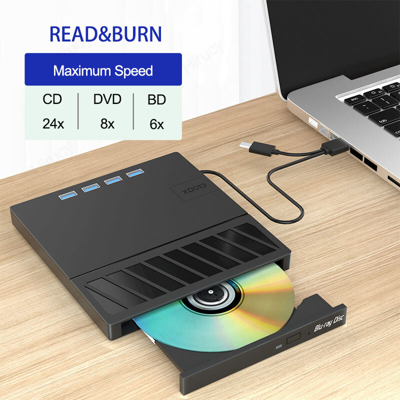Unidade Óptica Blu-Ray Externa, USB 3.0, Multiplicação Tipo-C, CD, DVD, BD-RW Player, Queimador, Escritor, Leitor, Adequado para Laptop, PC
