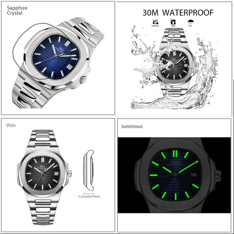 Wysokiej jakości męski zegarek na rękę niebieska tarcza ze stali nierdzewnej wodoodporny zegarek na rękę kwarcowy 2024 Trend luksusowy sukienka markowa zegarek męski