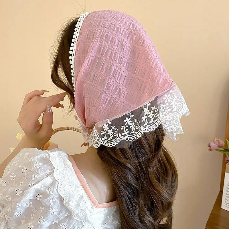 Francês Pastoral Estilo Lenço para Mulheres, Renda Respirável Franja Headband, Toalha de Proteção Solar Triangular