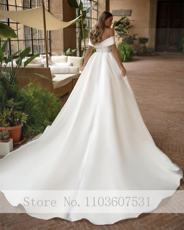 Princess Satin Off the Shoulder Pleated Wedding Dress for Women A-lien Backless Court Bridal Party Gown vestidos de novia