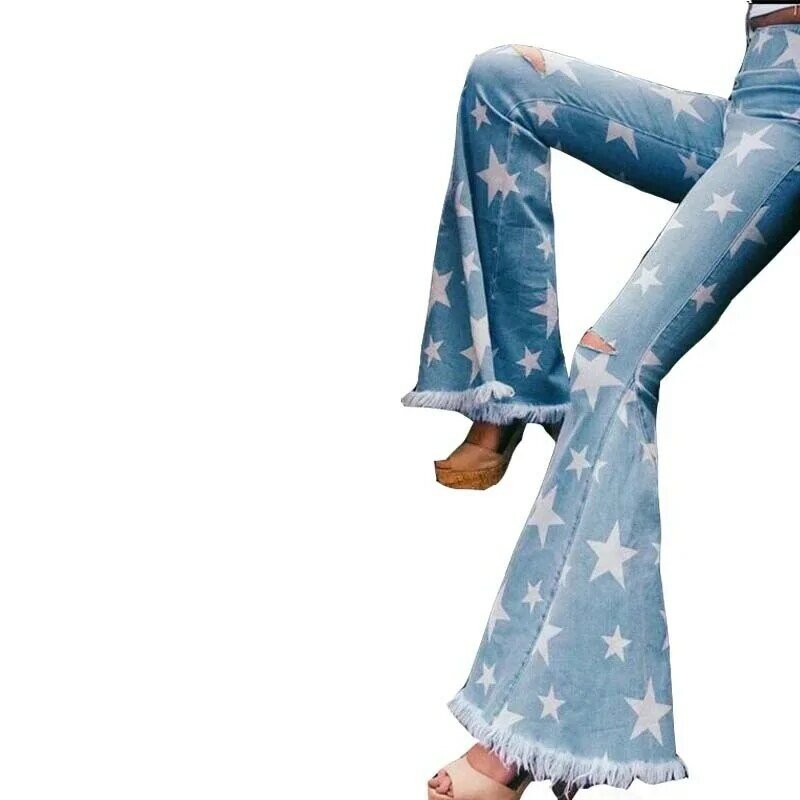 Женские летние рваные джинсы со звездным принтом, облегающие элегантные джинсы-клеш оверсайз с бахромой и завышенной талией, лето 2022