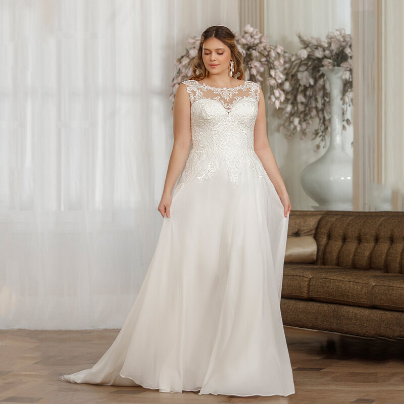 Elegant Wedding Dress For Bride Plus Size Organza O-Neck Sleeveless Bride Gown Lace Applique A-Line Sweep Train Vestido De Noiva