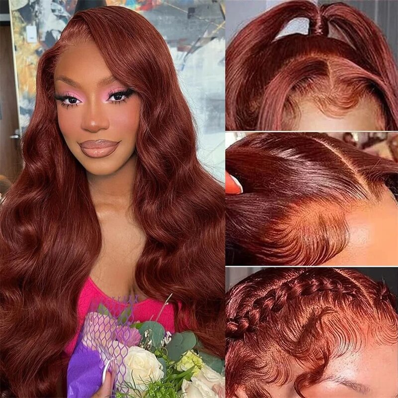 Reddish Brown Lace Front Human Hair Wigs Body Wave 13x4 HD Lace Frontal Wig Preplucked Dark Red Brown Lace Front Wig On Sale