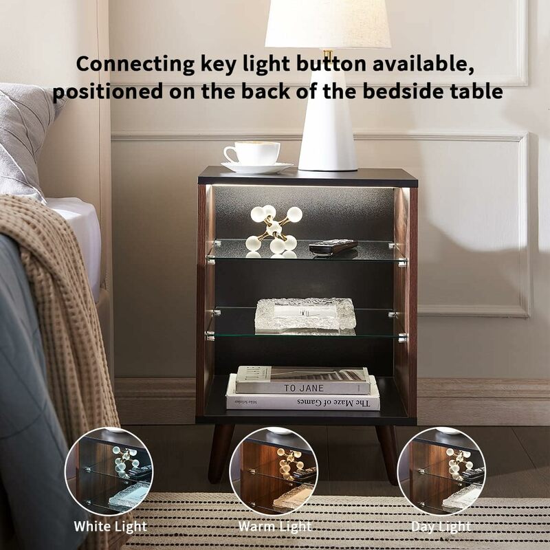 LED Nightstand with 2 Glass Shelves, Modern Bedside Table with 3 Color LED Lighting/Adustable Brightness, Natural/Walnut