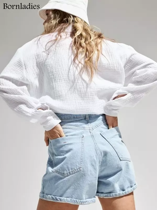 Bornladies-camisas de algodón 2024 para mujer, Tops holgados de manga larga, color liso, a la moda, para oficina, primavera y verano, 100%