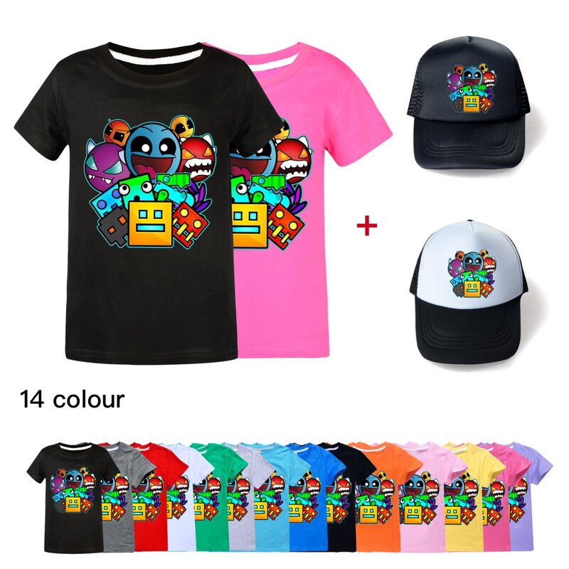 T-shirt à manches courtes Geometry Game Dash pour enfants, vêtements décontractés de dessin animé, chapeau de soleil, mode, junior, garçons, bébé, filles, été