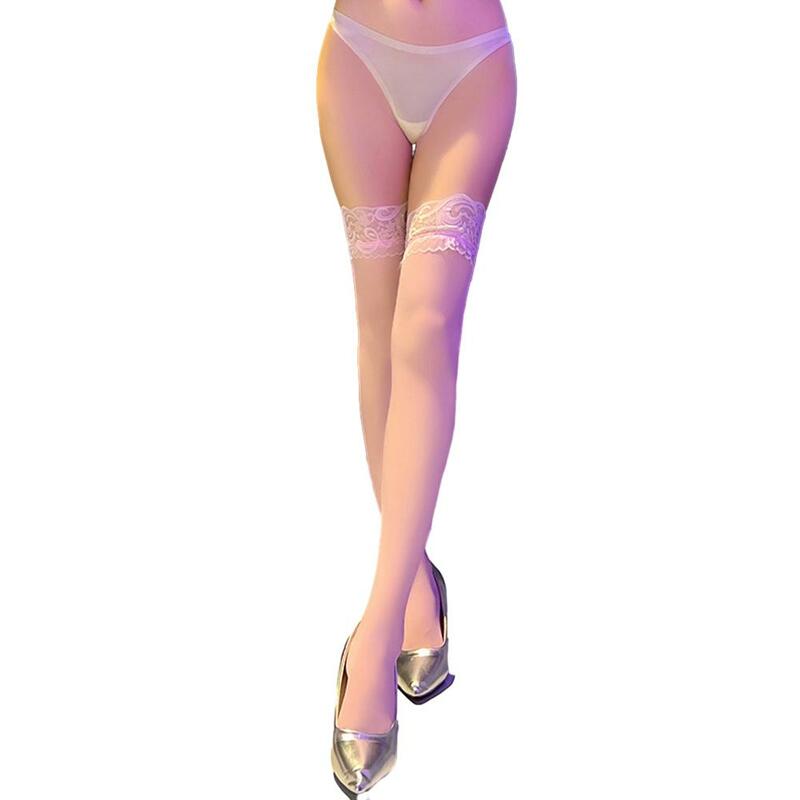 Stoking wanita erotis renda samping seksi setinggi lutut stoking tinggi warna Solid Ultra tipis pakaian dalam tembus pandang kaus kaki melar tinggi