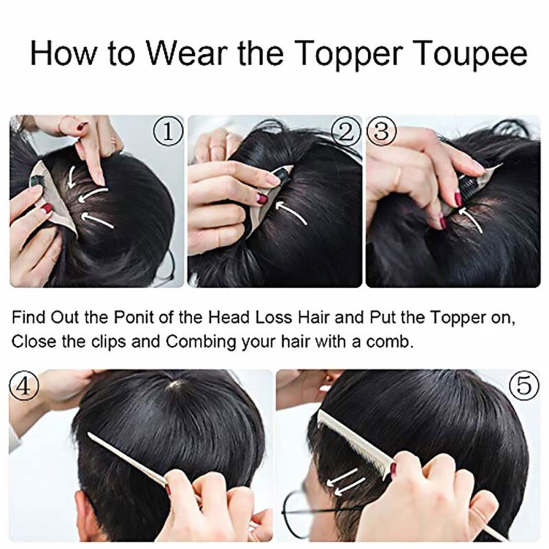 Fashion Short Toppers Clips-On parrucca corta Black Head Top sistema di capelli di ricambio per parrucche prepizzicate senza colla da uomo pronto per l'uso