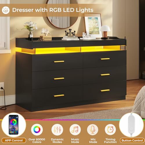 LED Dresser for Bedroom Wood, 6 Drawer Dresser with 2 Pull-Out Trays, Chest of Drawers for Bedroom