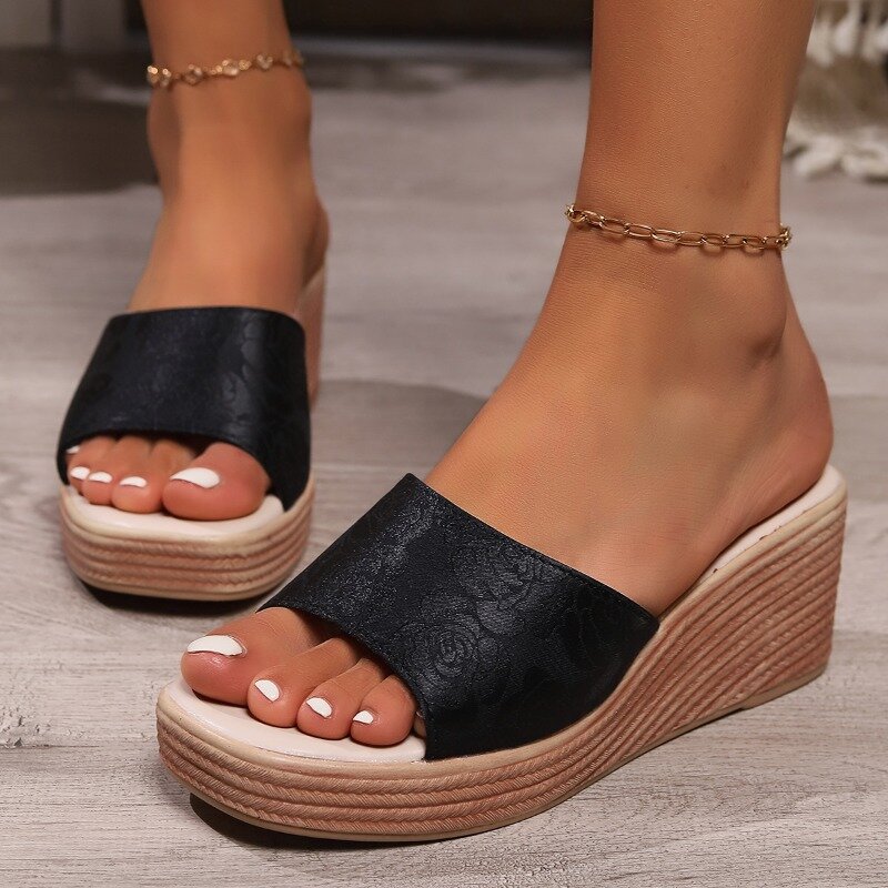 Женские летние сандалии на танкетке, дизайнерские туфли с принтом, на квадратном каблуке, Повседневные тапочки для пляжа и путешествий