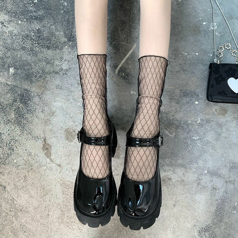 Meias de malha preta floral retrô de renda ponto, meias finas transparentes sexy femininas, Harajuku tubo médio, meias arrastão respiráveis, verão