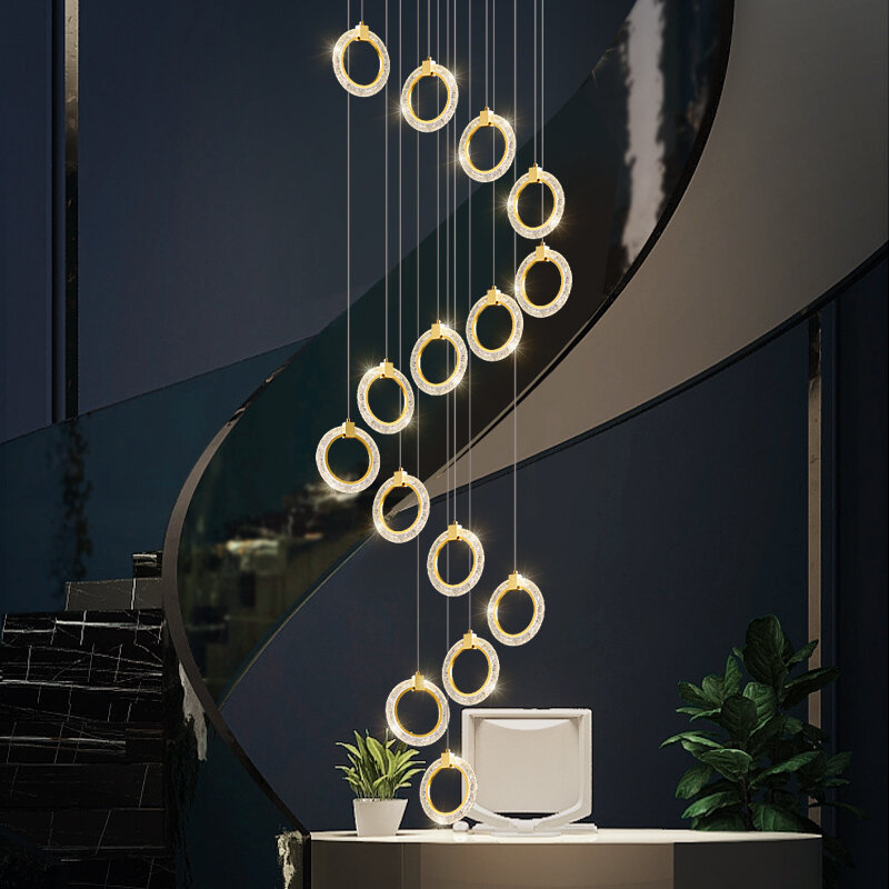 Willa schody żyrandol nowoczesna lampa pierścieniowa LED salon jadalnia kuchnia oświetlenie wewnętrzne dekoracja żyrandol na poddaszu