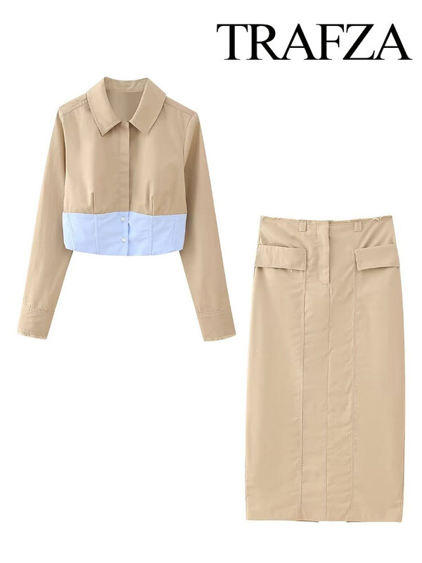 TRAFZA-Conjunto de 2 piezas para mujer, corta Camisa de manga larga con solapa, empalme de un solo pecho, falda larga con abertura y dobladillo de cintura alta elegante