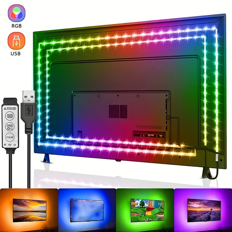 Luzes de tira LED para TV Backlight, Fita flexível, 3 Controle de teclas, USB, 5V, RGB, 5050, Decoração Home Party