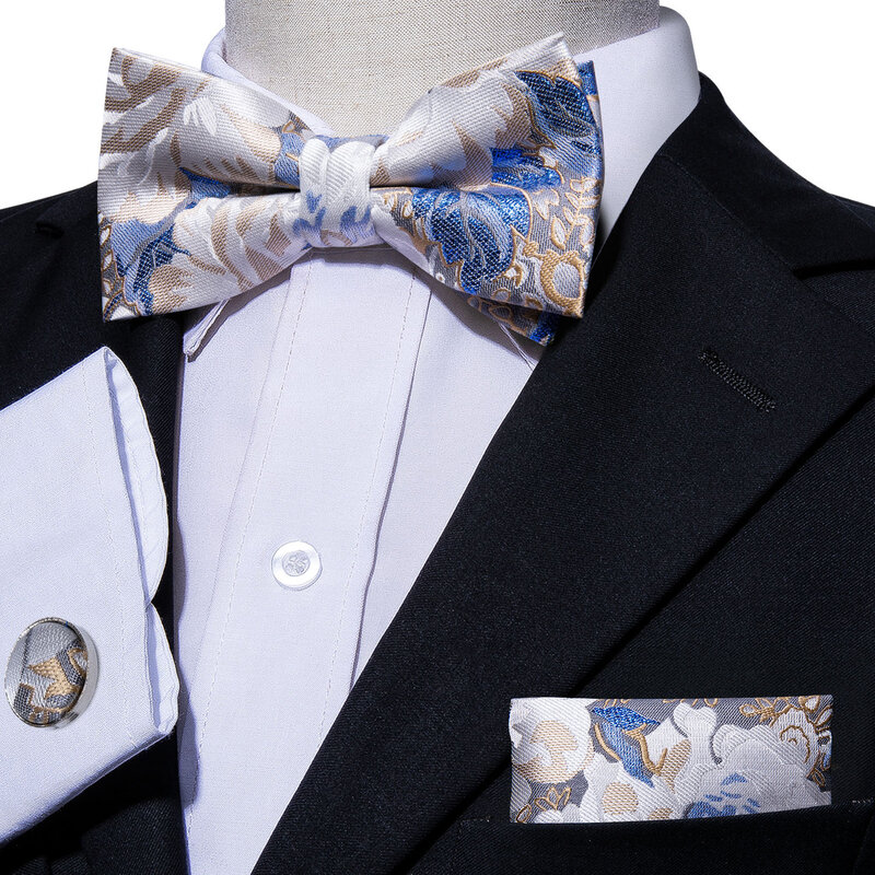 Barry Wang-pré-gravata masculina, arco xadrez jacquard de seda, gravata borboleta xadrez azul, abotoaduras de bolso, festa de borboleta masculina e casamento