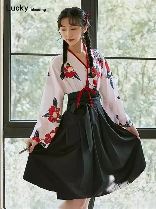 일본 스타일 꽃 프린트 빈티지 원피스 기모노 사쿠라 소녀, 여자 코스튬 하오리 로브 세트, 파티 유카타 아시아 코스프레 의류